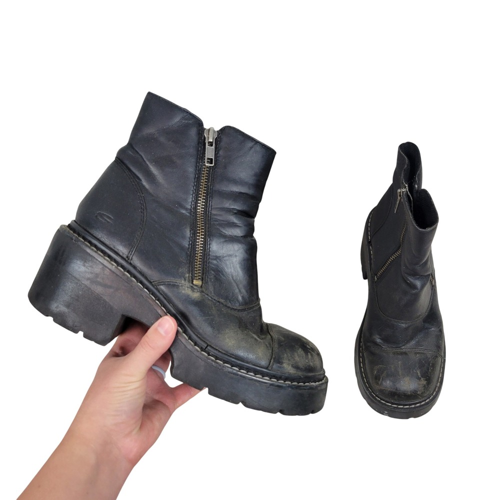 Vintage Y2K Skechers Leather Moto Boots Black Grunge Size 8.5